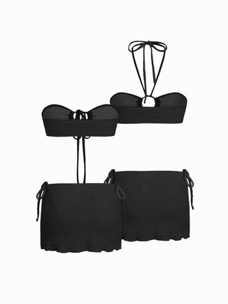 Halter Neckline Textured Ring Linked Bandeau Tie Side Bikini Set With Skirt