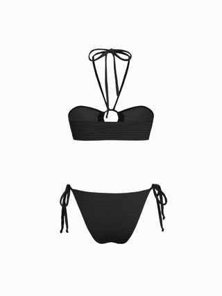 Halter Neckline Textured Ring Linked Bandeau Tie Side Bikini Set With Skirt