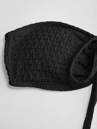 Halter Neckline Textured Ring Linked Bandeau Tie Side Bikini Set With Skirt