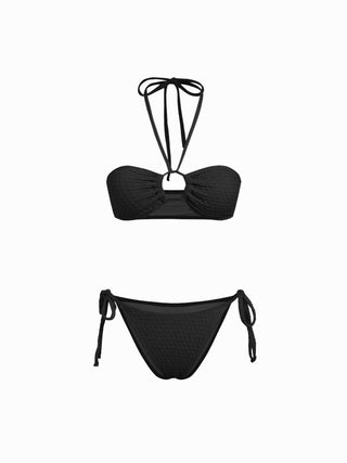 Halter Neckline Textured Ring Linked Bandeau Tie Side Bikini Set With Skirt