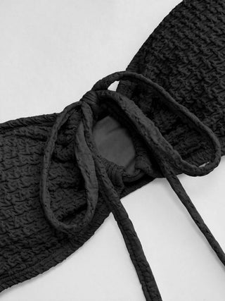 Halter Neckline Textured Ring Linked Bandeau Tie Side Bikini Set With Skirt