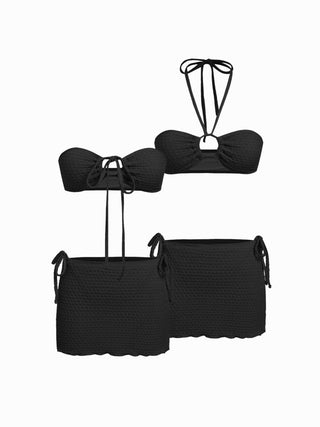 Halter Neckline Textured Ring Linked Bandeau Tie Side Bikini Set With Skirt