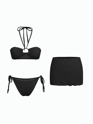 Halter Neckline Textured Ring Linked Bandeau Tie Side Bikini Set With Skirt