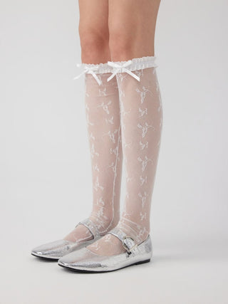 BOWKNOT CRIMPED TRIM LACE OVER THE KNEE SOCKS