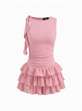Boat Neck Ruched Ruffle Hem Layered Micro Romper