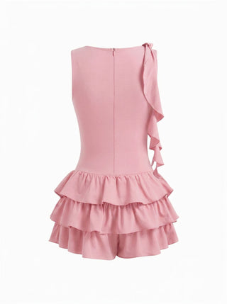 Boat Neck Ruched Ruffle Hem Layered Micro Romper