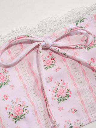 Square Neck Bracelet Cheeky Bowknot Floral Bikini Set