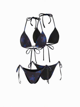 Halter Neckline Floral Tie Side Bikini Set with Flower Charm