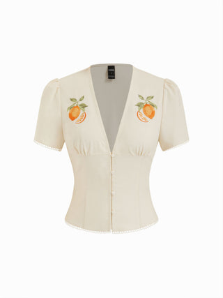 Linen-blend Orange Graphic V-neck Leg-of-mutton Sleeve Embroidered Blouse