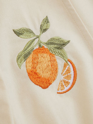 Linen-blend Orange Graphic V-neck Leg-of-mutton Sleeve Embroidered Blouse