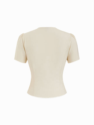 Linen-blend Orange Graphic V-neck Leg-of-mutton Sleeve Embroidered Blouse
