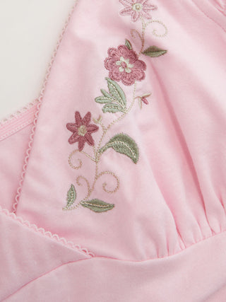 Cotton-blend V-Neck Floral Embroidery Ruched Puff Sleeve Top