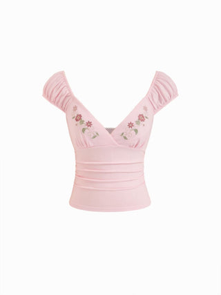 Cotton-blend V-Neck Floral Embroidery Ruched Puff Sleeve Top
