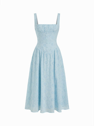 Cotton Broderie Anglaise Sculptural Square Neck Cut Out Flared Maxi Dress