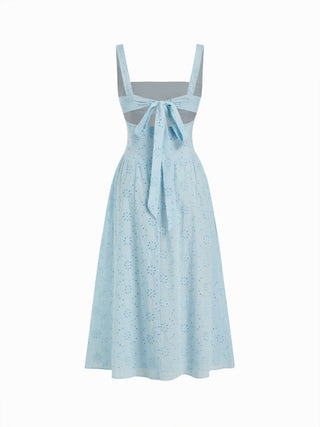 Cotton Broderie Anglaise Sculptural Square Neck Cut Out Flared Maxi Dress