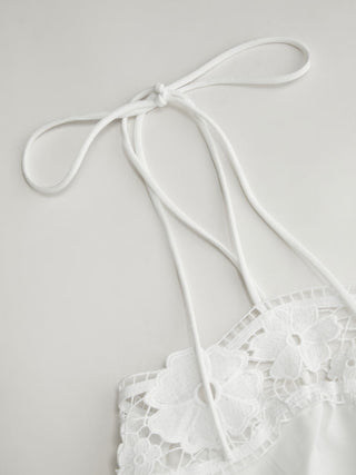 Linen-blend Square Neck Guipure Floral Tie-Shoulder Cami Blouse