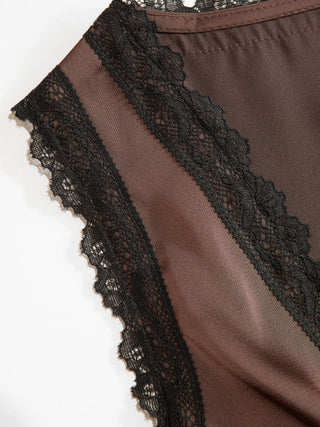 Satin V-neck Lace Trim Ruched Tank Top