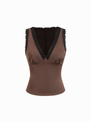 Satin V-neck Lace Trim Ruched Tank Top