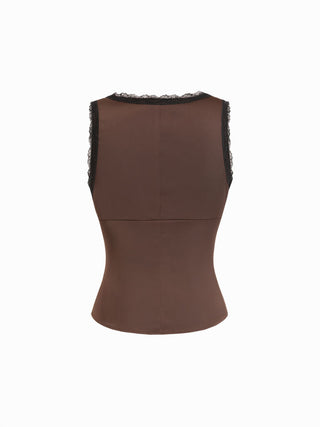 Satin V-neck Lace Trim Ruched Tank Top