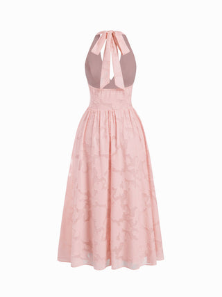 Jacquard Floral Halter Neckline Backless Flared Maxi Dress