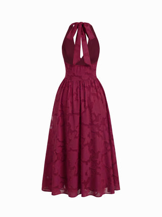 Jacquard Floral Halter Neckline Backless Flared Maxi Dress