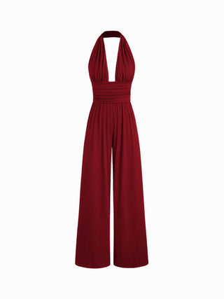 V-neck Ruched Wide Leg Jumpsuit