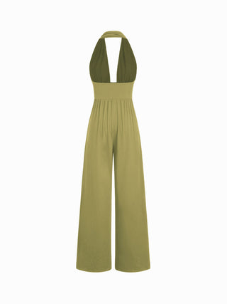 V-neck Ruched Wide Leg Jumpsuit