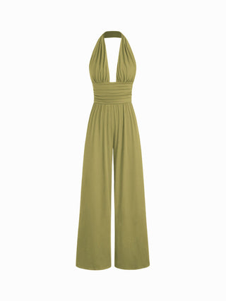 V-neck Ruched Wide Leg Jumpsuit