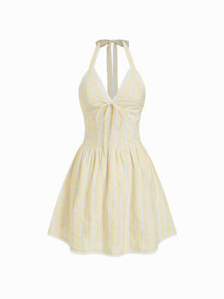 Cotton-blend Striped Sweetheart Neck Lace Trim Backless Flared Mini Dress