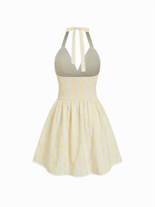 Cotton-blend Striped Sweetheart Neck Lace Trim Backless Flared Mini Dress