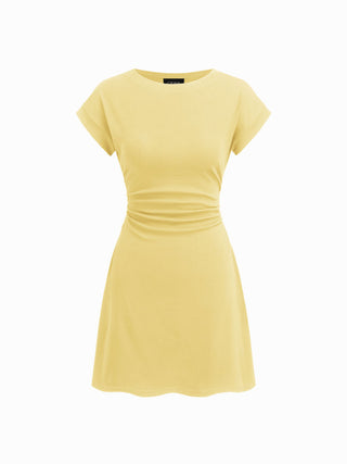 Cotton-blend Round Neckline Ruched Mini Dress