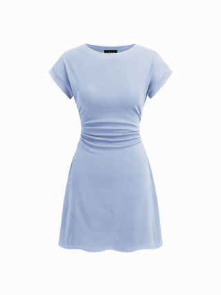 Cotton-blend Round Neckline Ruched Mini Dress