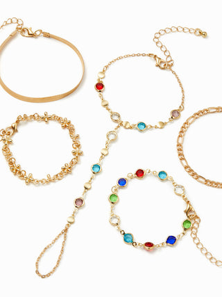 5PCS RHINESTONE & FLORAL HAND CHAIN BRACELET SET