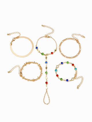 5PCS RHINESTONE & FLORAL HAND CHAIN BRACELET SET