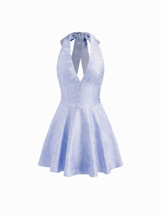 Jacquard Sculptural Halter V-neck Lace Up Backless Ruffle Mini Dress