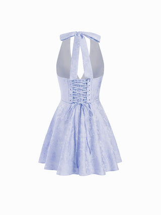 Jacquard Sculptural Halter V-neck Lace Up Backless Ruffle Mini Dress