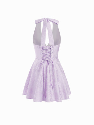 Jacquard Sculptural Halter V-neck Lace Up Backless Ruffle Mini Dress