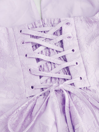 Jacquard Sculptural Halter V-neck Lace Up Backless Ruffle Mini Dress