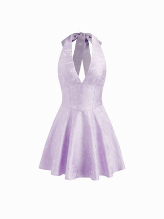 Jacquard Sculptural Halter V-neck Lace Up Backless Ruffle Mini Dress