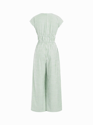 Cotton-blend V-neck Stripes Drawstring Wide Leg Jumpsuit