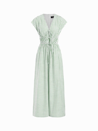 Cotton-blend V-neck Stripes Drawstring Wide Leg Jumpsuit