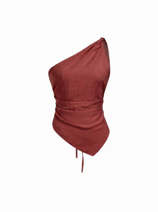 Linen-blend Asymmetrical Neck Ruched One-Shoulder Top