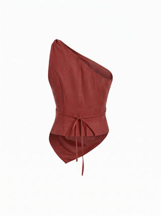 Linen-blend Asymmetrical Neck Ruched One-Shoulder Top