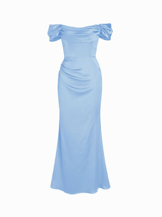 Satin Sculptural Ruched Off-shoulder Mermaid Maxi Dress