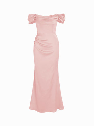 Satin Sculptural Ruched Off-shoulder Mermaid Maxi Dress