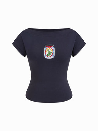 Cotton-blend Boat Neck Fruit Applique Short Sleeve Tee