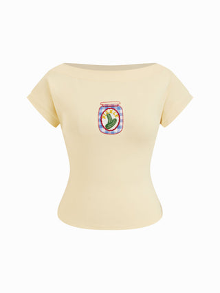 Cotton-blend Boat Neck Fruit Applique Short Sleeve Tee