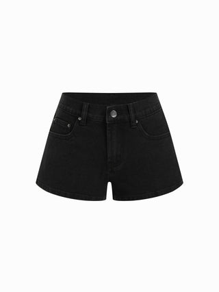 Denim Mid Rise Washed Metal Detail Riding Shorts