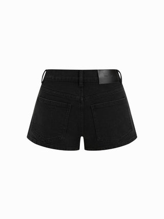 Denim Mid Rise Washed Metal Detail Riding Shorts