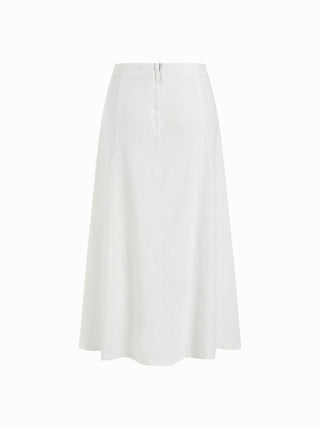 Stretch Denim High Rise Washed Pleated A-line Flare Midi Skirt